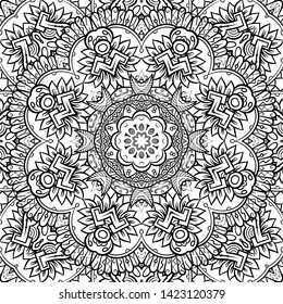Seamless tracery tile mehndi design. Ethnic ornament, doodle symmetry texture. Folk traditional spiritual tribal design. Curved doodling motif. Binary monochrome black and white art. Vector