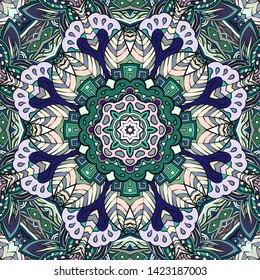 Seamless tracery tile mehndi design. Ethnic ornament, colorful doodle symmetry texture. Folk traditional spiritual tribal design. Curved doodling motif. Color art. Vector