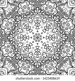 Seamless tracery tile mehndi design. Ethnic ornament, doodle symmetry texture. Folk traditional spiritual tribal design. Curved doodling motif. Binary monochrome black and white art. Vector