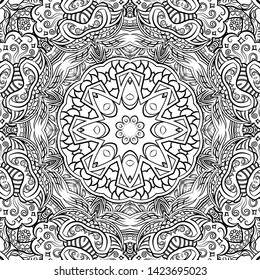 Seamless tracery tile mehndi design. Ethnic ornament, doodle symmetry texture. Folk traditional spiritual tribal design. Curved doodling motif. Binary monochrome black and white art. Vector