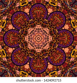 Seamless tracery tile mehndi design. Ethnic ornament, colorful doodle symmetry texture. Folk traditional spiritual tribal design. Curved doodling motif. Color art. Vector
