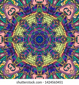 Seamless tracery tile mehndi design. Ethnic ornament, colorful doodle symmetry texture. Folk traditional spiritual tribal design. Curved doodling motif. Color art. Vector