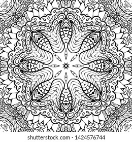 Seamless tracery tile mehndi design. Ethnic ornament, doodle symmetry texture. Folk traditional spiritual tribal design. Curved doodling motif. Binary monochrome black and white art. Vector
