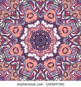 Seamless tracery tile mehndi design. Ethnic ornament, colorful doodle symmetry texture. Folk traditional spiritual tribal design. Curved doodling motif. Color art. Vector