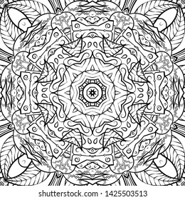 Seamless tracery tile mehndi design. Ethnic ornament, doodle symmetry texture. Folk traditional spiritual tribal design. Curved doodling motif. Binary monochrome black and white art. Vector