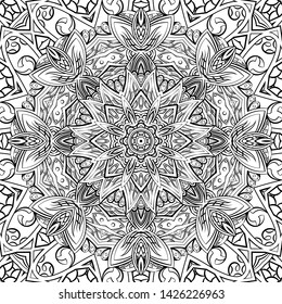 Seamless tracery tile mehndi design. Ethnic ornament, doodle symmetry texture. Folk traditional spiritual tribal design. Curved doodling motif. Binary monochrome black and white art. Vector
