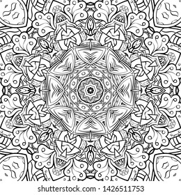 Seamless tracery tile mehndi design. Ethnic ornament, doodle symmetry texture. Folk traditional spiritual tribal design. Curved doodling motif. Binary monochrome black and white art. Vector