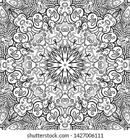 Seamless tracery tile mehndi design. Ethnic ornament, doodle symmetry texture. Folk traditional spiritual tribal design. Curved doodling motif. Binary monochrome black and white art. Vector