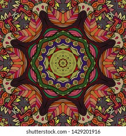Seamless tracery tile mehndi design. Ethnic ornament, colorful doodle symmetry texture. Folk traditional spiritual tribal design. Curved doodling motif. Color art. Vector