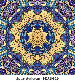 Seamless tracery tile mehndi design. Ethnic ornament, colorful doodle symmetry texture. Folk traditional spiritual tribal design. Curved doodling motif. Color art. Vector