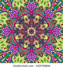 Seamless tracery tile mehndi design. Ethnic ornament, colorful doodle symmetry texture. Folk traditional spiritual tribal design. Curved doodling motif. Color art. Vector