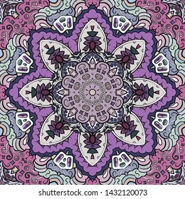 Seamless tracery tile mehndi design. Ethnic ornament, colorful doodle symmetry texture. Folk traditional spiritual tribal design. Curved doodling motif. Color art. Vector