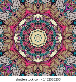 Seamless tracery tile mehndi design. Ethnic ornament, colorful doodle symmetry texture. Folk traditional spiritual tribal design. Curved doodling motif. Color art. Vector
