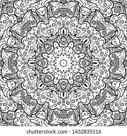 Seamless tracery tile mehndi design. Ethnic ornament, doodle symmetry texture. Folk traditional spiritual tribal design. Curved doodling motif. Binary monochrome black and white art. Vector