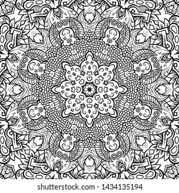 Seamless tracery tile mehndi design. Ethnic ornament, doodle symmetry texture. Folk traditional spiritual tribal design. Curved doodling motif. Binary monochrome black and white art. Vector