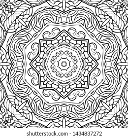 Seamless tracery tile mehndi design. Ethnic ornament, doodle symmetry texture. Folk traditional spiritual tribal design. Curved doodling motif. Binary monochrome black and white art. Vector