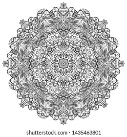 Seamless tracery tile mehndi design. Ethnic ornament, doodle symmetry texture. Folk traditional spiritual tribal design. Curved doodling motif. Binary monochrome black and white art. Vector