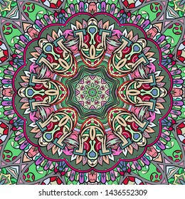 Seamless tracery tile mehndi design. Ethnic ornament, colorful doodle symmetry texture. Folk traditional spiritual tribal design. Curved doodling motif. Color art. Vector
