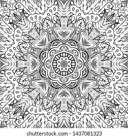Seamless tracery tile mehndi design. Ethnic ornament, doodle symmetry texture. Folk traditional spiritual tribal design. Curved doodling motif. Binary monochrome black and white art. Vector