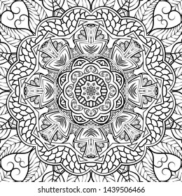 Seamless tracery tile mehndi design. Ethnic ornament, doodle symmetry texture. Folk traditional spiritual tribal design. Curved doodling motif. Binary monochrome black and white art. Vector