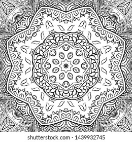 Seamless tracery tile mehndi design. Ethnic ornament, doodle symmetry texture. Folk traditional spiritual tribal design. Curved doodling motif. Binary monochrome black and white art. Vector