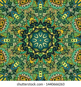 Seamless tracery tile mehndi design. Ethnic ornament, colorful doodle symmetry texture. Folk traditional spiritual tribal design. Curved doodling motif. Color art. Vector