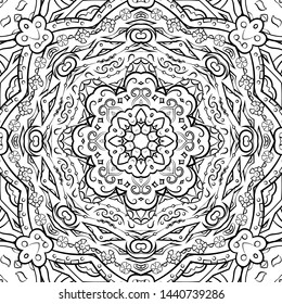 Seamless tracery tile mehndi design. Ethnic ornament, doodle symmetry texture. Folk traditional spiritual tribal design. Curved doodling motif. Binary monochrome black and white art. Vector