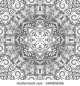 Seamless tracery tile mehndi design. Ethnic ornament, doodle symmetry texture. Folk traditional spiritual tribal design. Curved doodling motif. Binary monochrome black and white art. Vector