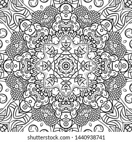Seamless tracery tile mehndi design. Ethnic ornament, doodle symmetry texture. Folk traditional spiritual tribal design. Curved doodling motif. Binary monochrome black and white art. Vector