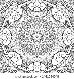 Seamless tracery tile mehndi design. Ethnic ornament, doodle symmetry texture. Folk traditional spiritual tribal design. Curved doodling motif. Binary monochrome black and white art. Vector