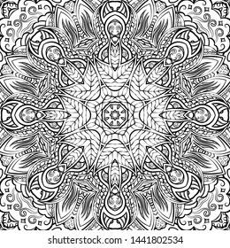 Seamless tracery tile mehndi design. Ethnic ornament, doodle symmetry texture. Folk traditional spiritual tribal design. Curved doodling motif. Binary monochrome black and white art. Vector