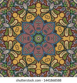 Seamless tracery tile mehndi design. Ethnic ornament, colorful doodle symmetry texture. Folk traditional spiritual tribal design. Curved doodling motif. Color art. Vector
