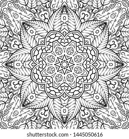 Seamless tracery tile mehndi design. Ethnic ornament, doodle symmetry texture. Folk traditional spiritual tribal design. Curved doodling motif. Binary monochrome black and white art. Vector