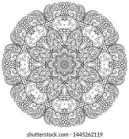 Seamless tracery tile mehndi design. Ethnic ornament, doodle symmetry texture. Folk traditional spiritual tribal design. Curved doodling motif. Binary monochrome black and white art. Vector