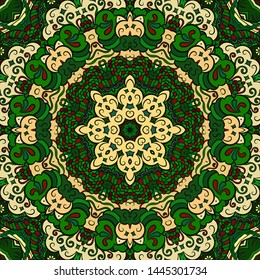 Seamless tracery tile mehndi design. Ethnic ornament, colorful doodle symmetry texture. Folk traditional spiritual tribal design. Curved doodling motif. Color art. Vector