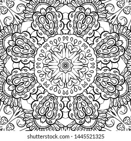 Seamless tracery tile mehndi design. Ethnic ornament, doodle symmetry texture. Folk traditional spiritual tribal design. Curved doodling motif. Binary monochrome black and white art. Vector