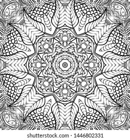 Seamless tracery tile mehndi design. Ethnic ornament, doodle symmetry texture. Folk traditional spiritual tribal design. Curved doodling motif. Binary monochrome black and white art. Vector