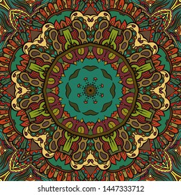 Seamless tracery tile mehndi design. Ethnic ornament, colorful doodle symmetry texture. Folk traditional spiritual tribal design. Curved doodling motif. Color art. Vector