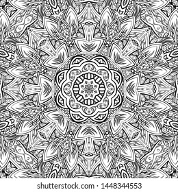 Seamless tracery tile mehndi design. Ethnic ornament, doodle symmetry texture. Folk traditional spiritual tribal design. Curved doodling motif. Binary monochrome black and white art. Vector