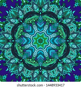 Seamless tracery tile mehndi design. Ethnic ornament, colorful doodle symmetry texture. Folk traditional spiritual tribal design. Curved doodling motif. Color art. Vector