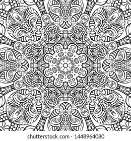 Seamless tracery tile mehndi design. Ethnic ornament, doodle symmetry texture. Folk traditional spiritual tribal design. Curved doodling motif. Binary monochrome black and white art. Vector