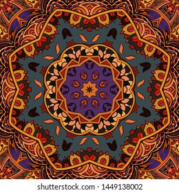 Seamless tracery tile mehndi design. Ethnic ornament, colorful doodle symmetry texture. Folk traditional spiritual tribal design. Curved doodling motif. Color art. Vector