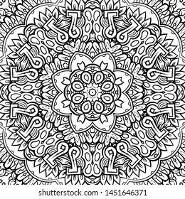 Seamless tracery tile mehndi design. Ethnic ornament, doodle symmetry texture. Folk traditional spiritual tribal design. Curved doodling motif. Binary monochrome black and white art. Vector