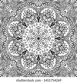 Seamless tracery tile mehndi design. Ethnic ornament, doodle symmetry texture. Folk traditional spiritual tribal design. Curved doodling motif. Binary monochrome black and white art. Vector