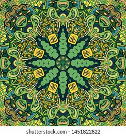 Seamless tracery tile mehndi design. Ethnic ornament, colorful doodle symmetry texture. Folk traditional spiritual tribal design. Curved doodling motif. Color art. Vector