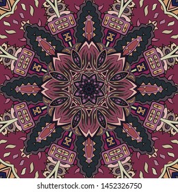 Seamless tracery tile mehndi design. Ethnic ornament, colorful doodle symmetry texture. Folk traditional spiritual tribal design. Curved doodling motif. Color art. Vector