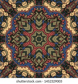 Seamless tracery tile mehndi design. Ethnic ornament, colorful doodle symmetry texture. Folk traditional spiritual tribal design. Curved doodling motif. Color art. Vector