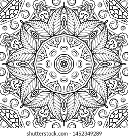 Seamless tracery tile mehndi design. Ethnic ornament, doodle symmetry texture. Folk traditional spiritual tribal design. Curved doodling motif. Binary monochrome black and white art. Vector