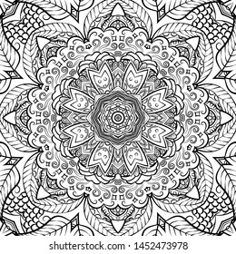 Seamless tracery tile mehndi design. Ethnic ornament, doodle symmetry texture. Folk traditional spiritual tribal design. Curved doodling motif. Binary monochrome black and white art. Vector