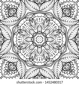 Seamless tracery tile mehndi design. Ethnic ornament, doodle symmetry texture. Folk traditional spiritual tribal design. Curved doodling motif. Binary monochrome black and white art. Vector